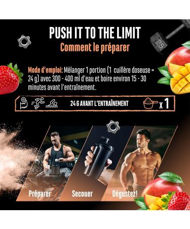 Push it to the Limit - Pr -entra nement avec L-arginine + citrulline + L-tyrosine + L-th anine + L-carnitine + AAKG + taurine + rhodiola rosea + caf ine - Hautement dos - 360 g - Mangue Fraise - Buy Online on GoSupps.com