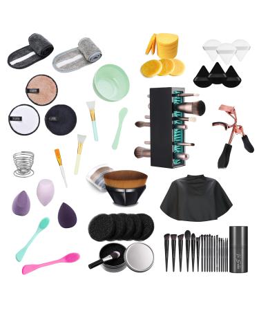 VA SUNNI Professional 66-Piece Makeup Brush Kit Seamless Skincare & Makeup Application Versatile Brushes Facial Sponges Puffs Cleanser Brush Organizer Cape Mixing Bowl Eye Curler