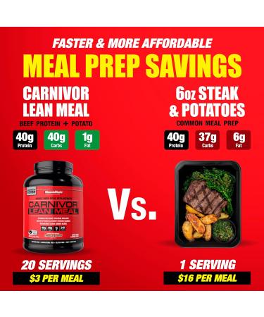 MuscleMeds CARNIVOR Lean Meal Whole Food Meal Replacement Shake MRE Beef Protein Isolate White Potato Sweet Potato 40g Protein 40 g Carbs Lactose Free Sugar Free Chocolate Fudge 20 Servings Chocolate Fudge 4.34 Pou  - Buy Online on GoSupps.com