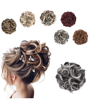 GIRLSHOW Messy Curly Big Hair Scrunchies Hairpieces 2.82 ounce Hair Bun Extensions Synthetic Donut Updo Hair Pieces for Women Girls (Natural Black Tip Gray -#113)