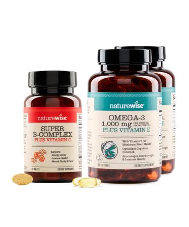 NatureWise 1 Super Vitamin B Complex + Vitamin C - Vegan Non-GMO - 60 Tablets 60-Day Supply + (Pack of 2) Omega 3 Fish Oil 1000mg + Vitamin E - Wild-Caught - 60 Softgels 30-Day Supply