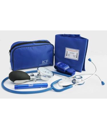 Blue Aneroid Blood Pressure Sphygmomanometer Monitor Stethoscope Pen Light (Pen Torch) and Tourniquet - GP Set