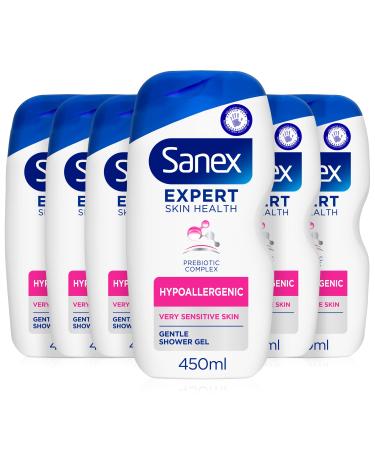 Sanex Expert Skin Health Hypoallergenic Shower Gel 450ml for very sensitive skin sensitive shower gel 12 hour hydration prebiotic & postbiotic complex dermatologically tested 0% sulphates**