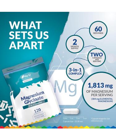 Magnesium Glycinate 3-in-1 Complex 1813mg - 120 Vegan Capsules - Triple High Absorption Bisglycinate Citrate & Malate - 384mg Elemental Mag per Serving - Made in The UK - Nu U Nutrition - Buy Online on GoSupps.com