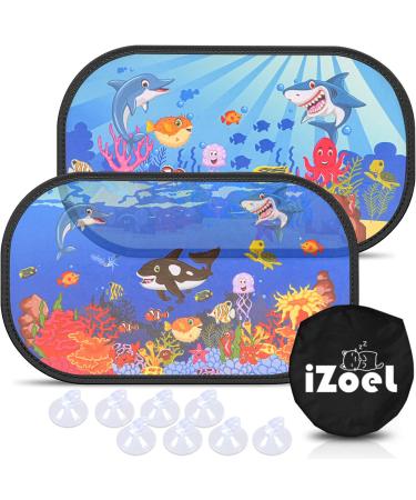 iZoeL Car Sun Shade for Baby Kids 2pcs Self-adhesive Side Window Car Annima 80GSM Rear Sunshades Universal with 8 Suction Cups and Storage Bag - Sun Glare and UV Rays Protection Blue Ocean
