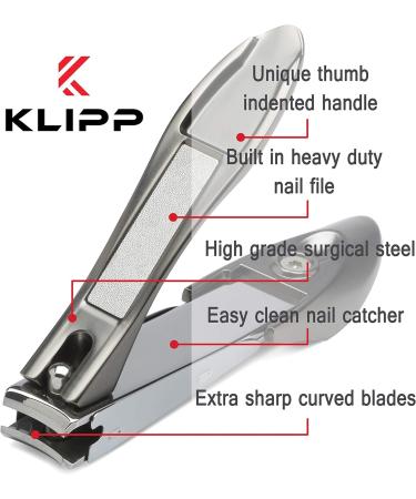 KLIPP Heavy Duty Stainless Steel Nail Clippers with Catcher - Fingernail and Toe Nail Cutter with Surgical Blades and Nail File - Ergonomic Handle for Thick Nails - Buy Online on GoSupps.com