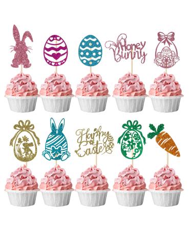 60 Pcs Happy Easter Cupcake Toppers Bunny Cupcake Toppers Easter Rabbit Cake Toppers Glitter Egg Carrot Cupcake Picks for Happy Easter Day Party Favor Supplies