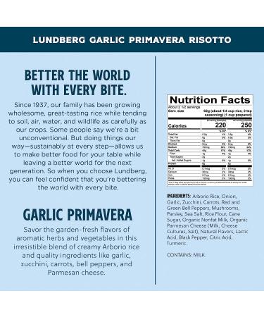 Lundberg Family Farms Traditional Italian Risotto Garlic Primavera 5.5 oz 6-Pack - Gluten-Free, Non-GMO, Kosher Dairy - Convenient Side Dish, Sustainably Farmed - Buy Online on GoSupps.com