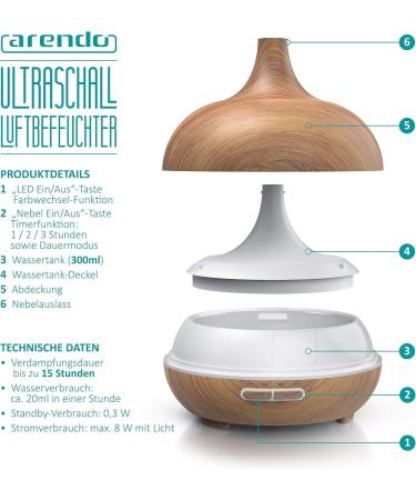 ARENDO Ultrasound LED Aroma Diffuser 300 ml - Humidifier with Timer & 7 LED Colors - Quiet Operation & Wooden Decor for Home Use - Buy Online on GoSupps.com