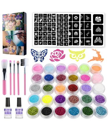 Temporary Glitter Tattoos Kit for Kids  24 Large Glitter Colors & 6 Fluorescent Colors  105 Stencils  Body Glitter Nail Art Glow in Dark Tattoo  Body Glitter Festival Party with 5 Brushes 2 Glue