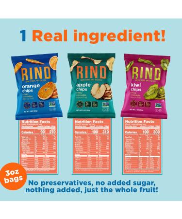 RIND Snacks Unsweetened Dried Fruit Chips Variety Pack - Apple, Orange, Kiwi | High Fiber, Vegan, Paleo | No Added Sugar, Healthy Snacks Non-GMO - 3.0 oz (Pack of 3) - Buy Online on GoSupps.com