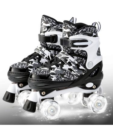 Kuxuan Skates Boys and Girls Camo Adjustable Roller Skates with Light up Wheels, Fun Illuminating Roller Blading for Kids Girls Youth Black Medium(13-3US)
