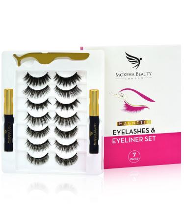 Magnetic Eyelashes Magnetic Eyeliner and Lashes Kit - Reusable 3D False Eyelashes with Tweezers Lash Set | No Glue Waterproof Eyeliner | Lashes Natural Look (7 Pack)