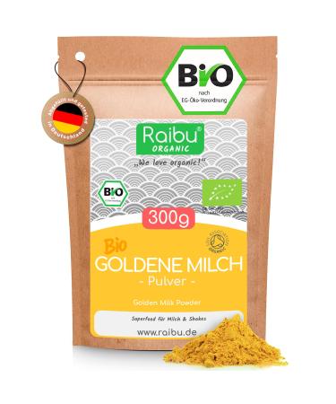 Raibu Golden Milk Powder Bio I Golden Milk 300g - Ashwagandha Kurkuma Latte Mix with coconut blossom sugar cinnamon ginger - Ayurveda gifts