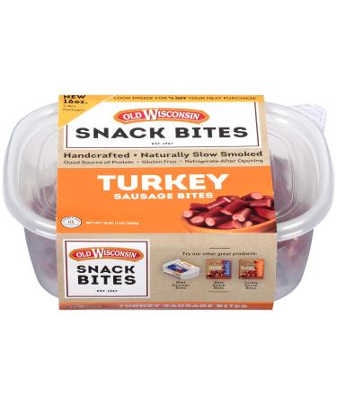 Old Wisconsin Turkey Sausage Snack Bites, Naturally Smoked, Ready to Eat, High Protein, Low Carb, Keto, Gluten Free, 16 Ounce Resealable Tub with Two Stay-Fresh 8 Ounce Packs Turkey Snack Bites