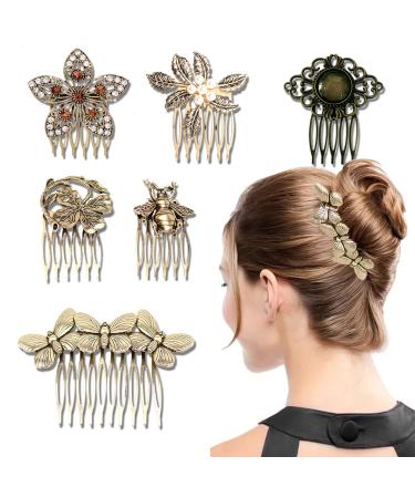 6 Pack Vintage Hair Side Combs for Women Decorative, ECANGO Retro Gold Pearl Rhinestone Metal Hair Comb Clips with Teeth Grip Crystal Bridal Hair Piece Pins for Wedding Accessories
