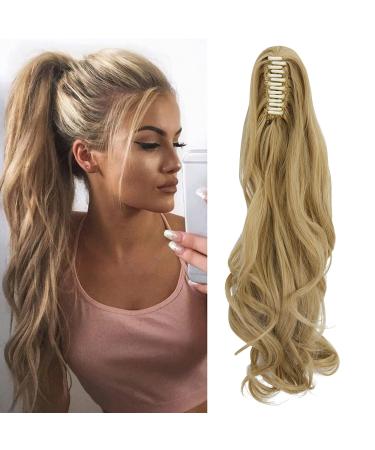FXYTK Claw on Ponytail Clip in Ponytail Hair Extensions Hair Piece Clip on Pony Tail Hair Extension Claw Jaw Ponytail Extensions 18" Curly Light Ash Blonde & Bleach Blonde 18 Inch-Curly Light Ash Blonde & Bleach Blonde-18" Curly