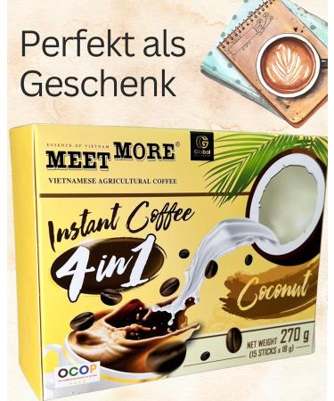 Meet More - 4in1 Coconut Coffee - Instant Soluble Coconut Coffee - Premium Quality - Exotic Coffee - Fruity Taste - 270g - Viet Nam (1st Coconut) - Buy Online on GoSupps.com