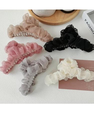 Korean Style Hair Claw Crossing Teeth Spring Design Pleated Mesh Yarn Decor Large Hair Clip Hair Accessories Big Hair Clip Pink - Buy Online on GoSupps.com