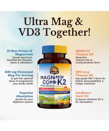 Vitalitown Ultra Magnesium & Vitamin D3 K2 Bundle (Pack of 2) | 10 in 1 Magnesium Complex & 10000 IU D3 MK-7 | for Bone Muscle Heart Sleep Teeth & Immune| 90 Mag Capsules & 90 D3 Softgels - Buy Online on GoSupps.com
