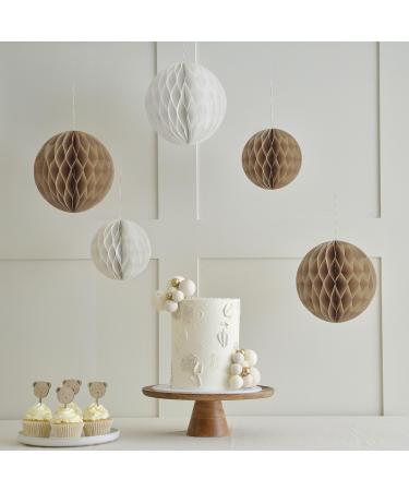 Ginger Ray Neutral Ivory and Light Brown Hanging Honeycombs Baby Shower Decoration 5 Pack