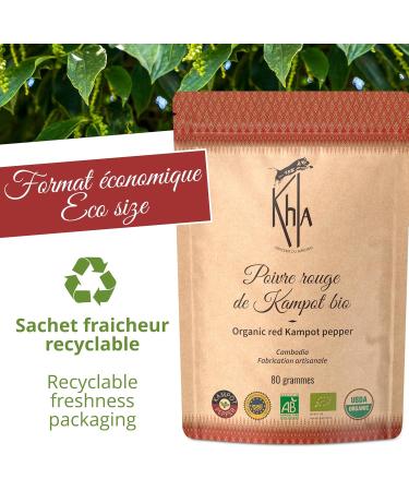 Khla - Certified Organic Kampot Red Pepper 80 g - Organic Peppercorn Sachet - Grand Cru Sweet & Fruity - Ingredient - Buy Online on GoSupps.com