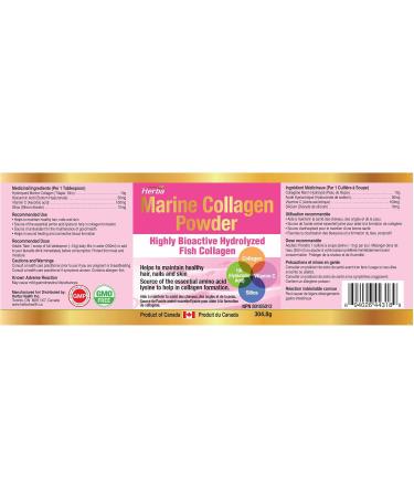 Marine Collagen Powder with Hyaluronic Acid Vitamin C and Silica 305g | Hydrolyzed Collagen Peptides | Type I Marine Collagen Powder for Women & Men | Maintain Healthy Skin Hair and Nail | Herba - Made in Canada - Buy Online on GoSupps.com