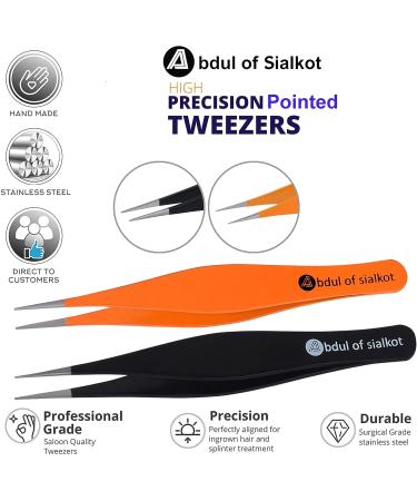 Abdul of Sialkot Tweezers for Women & Men -Professional Stainless Steel Pointed Tweezers for Ingrown Hair Splinters and Blackhead Removal Set of 2 (Black&Orange) - Buy Online on GoSupps.com