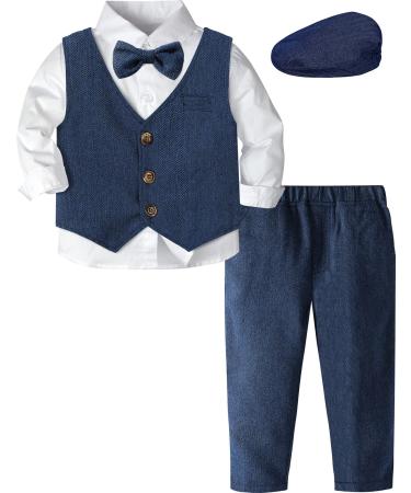 mintgreen Baby Boys Herringbone Tweed Suit Set 4pcs Wedding Outfit Shirt + Trousers + Waistcoat + Cap 1-4 Years Blue 2-3 Years