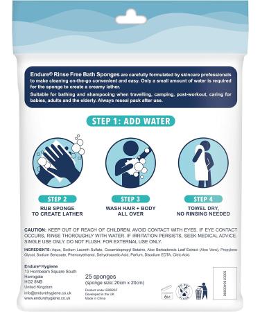 Endure Rinse Free Bath Shower Sponge Wipes - Body Wash Wipes for Bathing - Perfect for Camping Festivals Gym and Travel - Dry Sponge Wipes with Gentle Cleansing Soap. Just add Water (25 Per Pack). 25 count (Pack of 1) - Buy Online on GoSupps.com