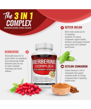 Toplux Berberine with Ceylon Cinnamon and Bitter Melon 2100mg - High Purity 97% HCL Berberine Supplement Supports Overall Health & Immune System Non-GMO Vegan 90 Capsules 90 Count (Pack of 1) - Buy Online on GoSupps.com