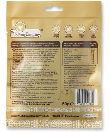 Smoked Chipotle Sliced Biltong 1 x 50g (50g) Natural Spicy Beef Biltong by The Biltong Company High in Protein & Keto Diet-Approved Lean Biltong Spiced Meat Snack Like Jerky Smoked Chipotle Flavour 50 g (Pack of 1) - Buy Online on GoSupps.com