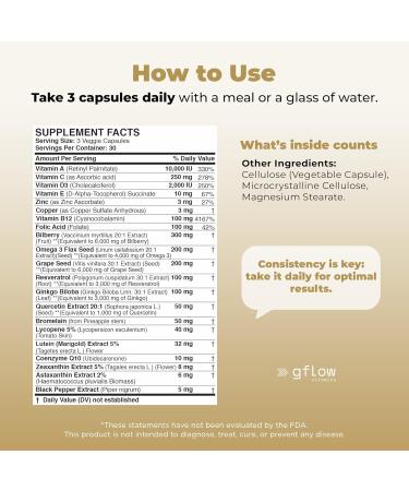 gflow vitamins Lutein and Zeaxanthin Supplements - Advanced Eye Vitamins with Astaxanthin Omega 3 Resveratrol Bilberry Lycopene Quercetin Ginkgo Biloba Vitamin D | Health Vision | Made in USA - Buy Online on GoSupps.com