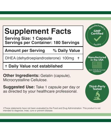 DHEA 100mg | 180 Capsules | Max Strength 6 Month Supply | Third Party Tested | Hormone Balance & Healthy Aging by Double Wood - Buy Online on GoSupps.com