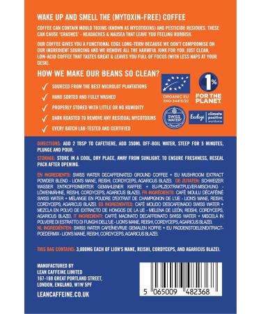 Lean Caffeine Mushroom Decaf Ground Coffee 412g | Mushroom Extract Powder | Lions Mane Reishi Mushroom Cordyceps & Agaricus Blazei Shroom Blend | Bulletproof Mycotoxin Free Coffee 412 g (Pack of 1) - Buy Online on GoSupps.com