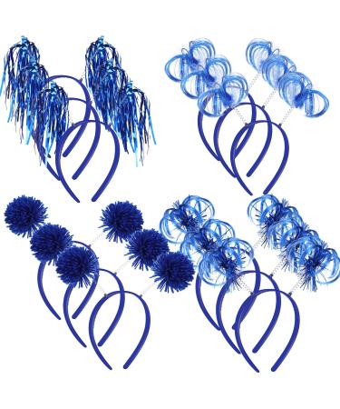 12 Pcs Pom Pom Headband 4th of July Patriotic Party Headbands Feathers Ponytails Tinsel Wrapped Headbopper for Women Girl Boy (Blue)