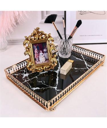 Qulong Marble Mirror & Gold Metal Organizer | Vanity Cosmetic Holder & Desktop Plate for Bathroom & Bedroom Chic Black Design - Buy Online on GoSupps.com