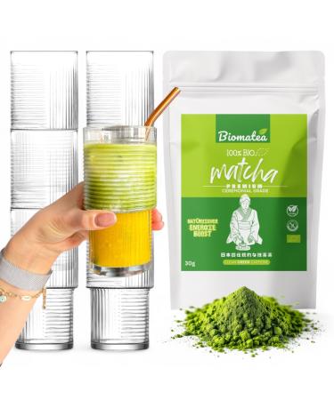 Biomatea Biomatea Set of 6 Organic Matcha Glasses Powder 30g 400ml Each Ribbed Glass with Stackable Geometric Pattern
