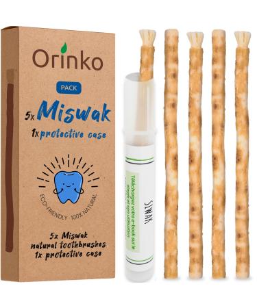 Orinko Pack of 5 Miswak Sticks + Capsule Case - 100% Natural Toothbrush - Cleaning Disinfecting and Whitening - Ecological Biodegradable and Vegan - Ebook Provided Brown 7 Piece Set - Buy Online on GoSupps.com