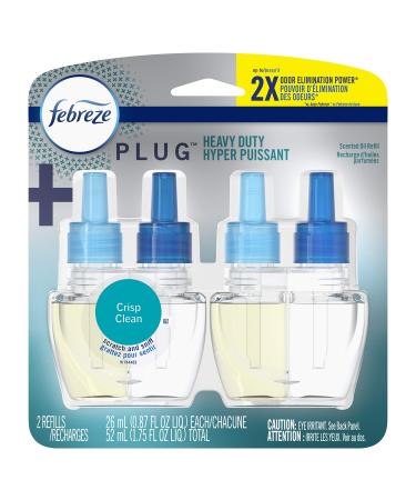 Febreze Plug in Air Fresheners, Heavy Duty Crisp Clean, Odor Eliminator for Strong Odors, Scented Oil Refill (2 Count) Crisp Clean 0.87 Fl Oz (Pack of 2)