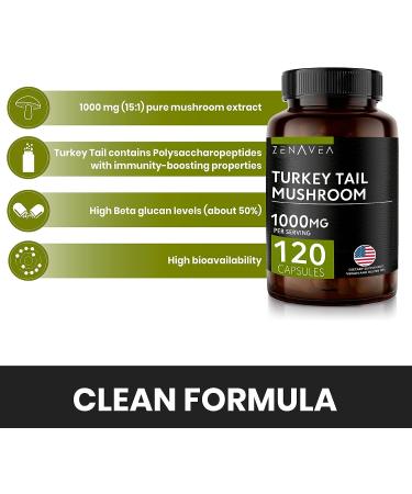 Zenavea Turkey Tail Mushroom Capsules 1000mg - Immune Support & Antioxidant - 120 Capsules Equivalent to 15,000mg - Organic Turkey Tail Supplement - Buy Online on GoSupps.com