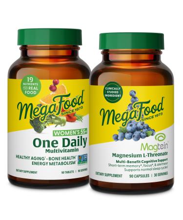 MegaFood Women's 55+ One Daily Multivitamin (90 Tablets) & Magtein Magnesium LThreonate (90 Capsules) Bundle - Supports Bones Energy & Immune System - Cognitive Support - Gluten Free & Vegetarian