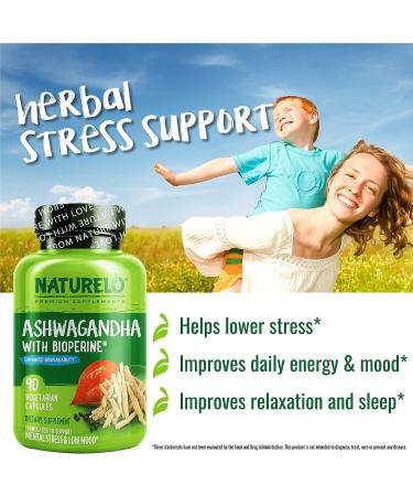 NATURELO Ashwagandha Organic Root Powder - 90 Vegan Capsules - Stress Relief & Mood Enhancer Supplement with Black Pepper Extract - Buy Online on GoSupps.com