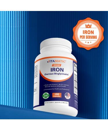 Vitamatic Vegan Iron with Vitamin C B6 B12 & Folic Acid | Plus Spinach Broccoli Beetroot & Kale | 180 Capsules | Non-GMO Gluten-Free Sugar-Free | Made in USA - Buy Online on GoSupps.com