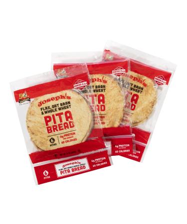 Joseph's Pita Bread Value 3-Pack, Flax Oat Bran and Whole Wheat, 7g Carbs per Serving, Fresh Baked (6 per Pack, 18 Pitas Total) 8 Ounce (Pack of 3)