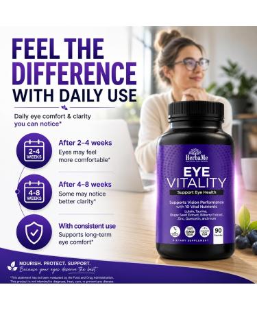 HerbaMe Eye Vitality - Eye Vitamins Supplement | Supports Vision & Macular Health | With Lutein, Bilberry, Zinc & More | 90 Capsules - Buy Online on GoSupps.com