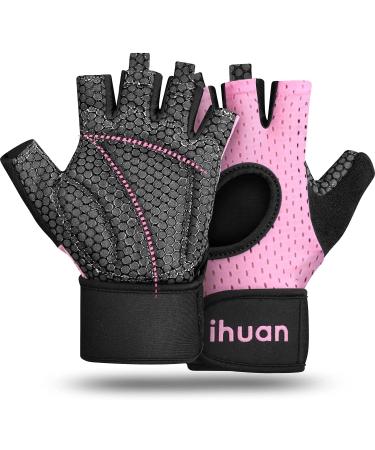 ihuan Breathable Weight Lifting Gloves: Fingerless Workout Gym Gloves with Wrist Support | Enhance Palm Protection | Extra Grip for Fitness | Lifting | Training | Rowing | Pull-ups pink Medium