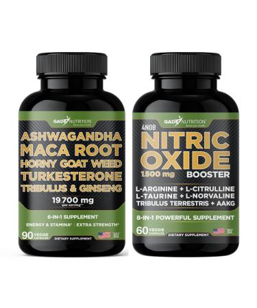 Gade Nutrition Ashwagandha with Maca Root Horny Goat Weed Turkesterone Tribulus Terrestris Panax Ginseng + Nitric Oxide Booster - Bundle for Energy Vitality Performance Pump