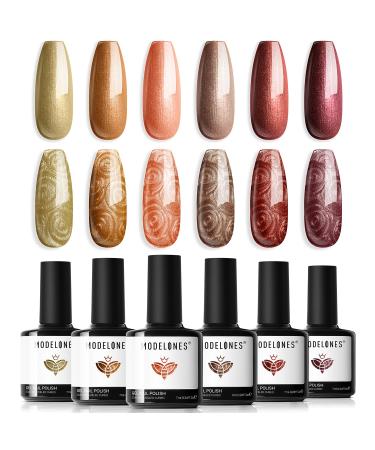 Modelones Pearl Gel Nail Polish 6 Colors Fall Gel Polish Shimmer Brown Orange Red Gold Mermaid Nail Drawing Gel Polish Soak Off UV Gel Polish Swirl Shell Thread Effect DIY Manicure Gifts Pearl Brown