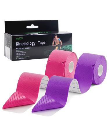 MUEUSS Pregnancy Tape Belly Support, Precut Kinesiology Tape, Waterproof Elastic Athletic Sports Tape, Muscle Tape, Hypoallergenic Tape Knee Tape for Shoulder Knee Pain Relief (2rolls Pink&Purple)